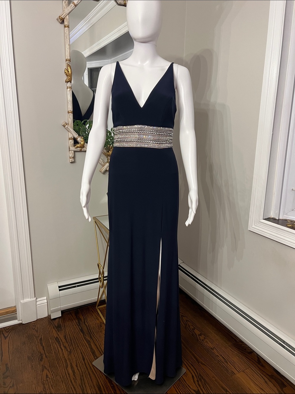 Aqua Navy V-Neck Evening Gown with Beaded Waistband